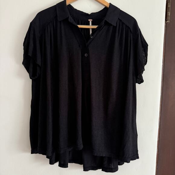 FREE PEOPLE | Black Linen Blend Swing Polo V Neck Swing Trapeze Top  Small - Picture 1 of 5